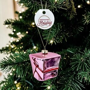 Chinese Takeout Box Glass Christmas Ornament Destination Holiday Pink Metallic